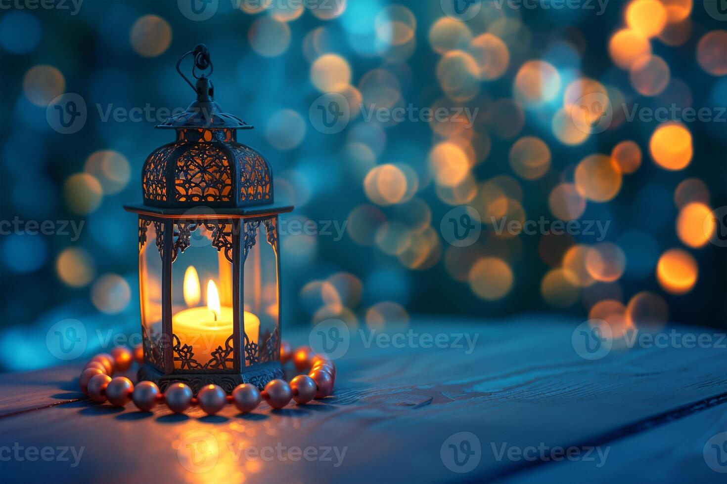 AI generated Lantern with burning candle and prayer beads on table against blurred lights photo