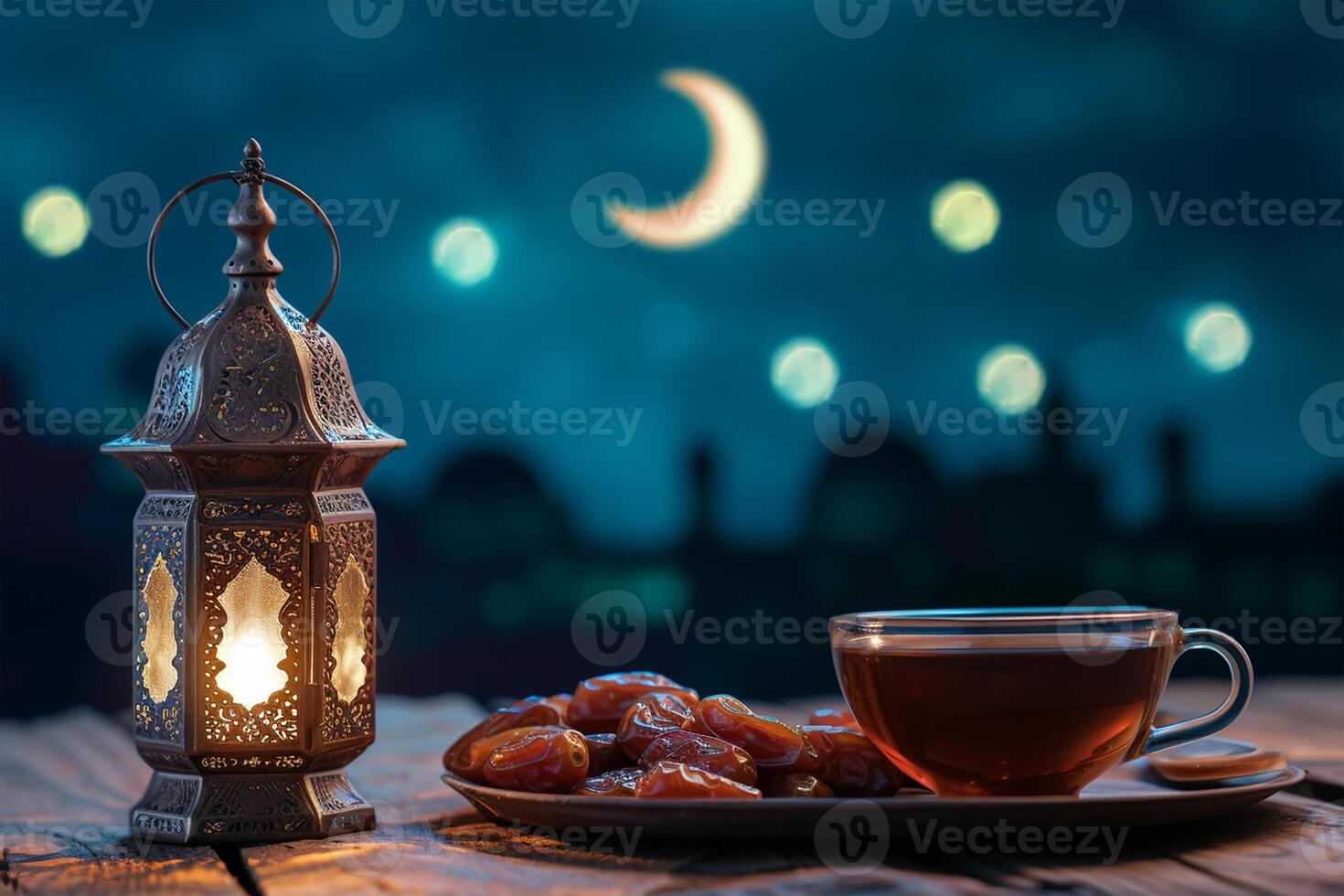 ai generado Arábica café y fechas, dallah con creciente luna, Ramadán antecedentes foto