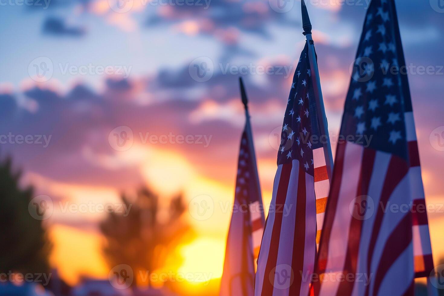 AI generated American flags with Text Veterans Day Honoring All Who Served on sunset background photo