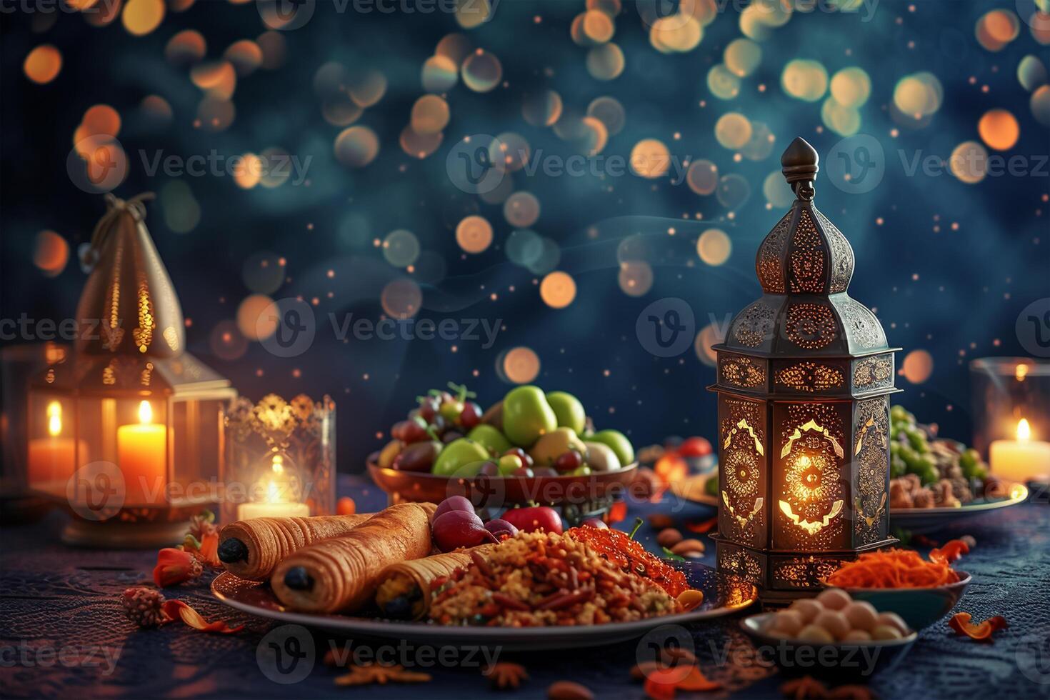 AI generated Muslim Ramadan Mubarak iftar table shows Ramadan foods and lantern light with holy month eid Mubarak concept background photo