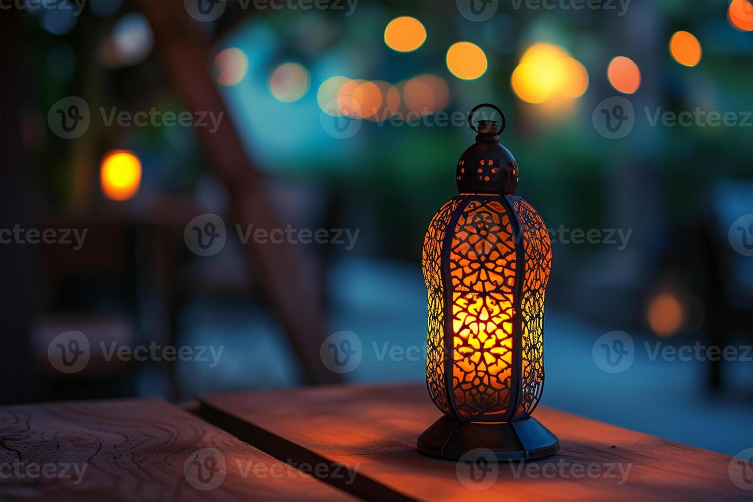 AI generated Abstract candle lantern light on wood table in blur bokeh pub restaurant dinner background concept for ramadan kareem night life photo