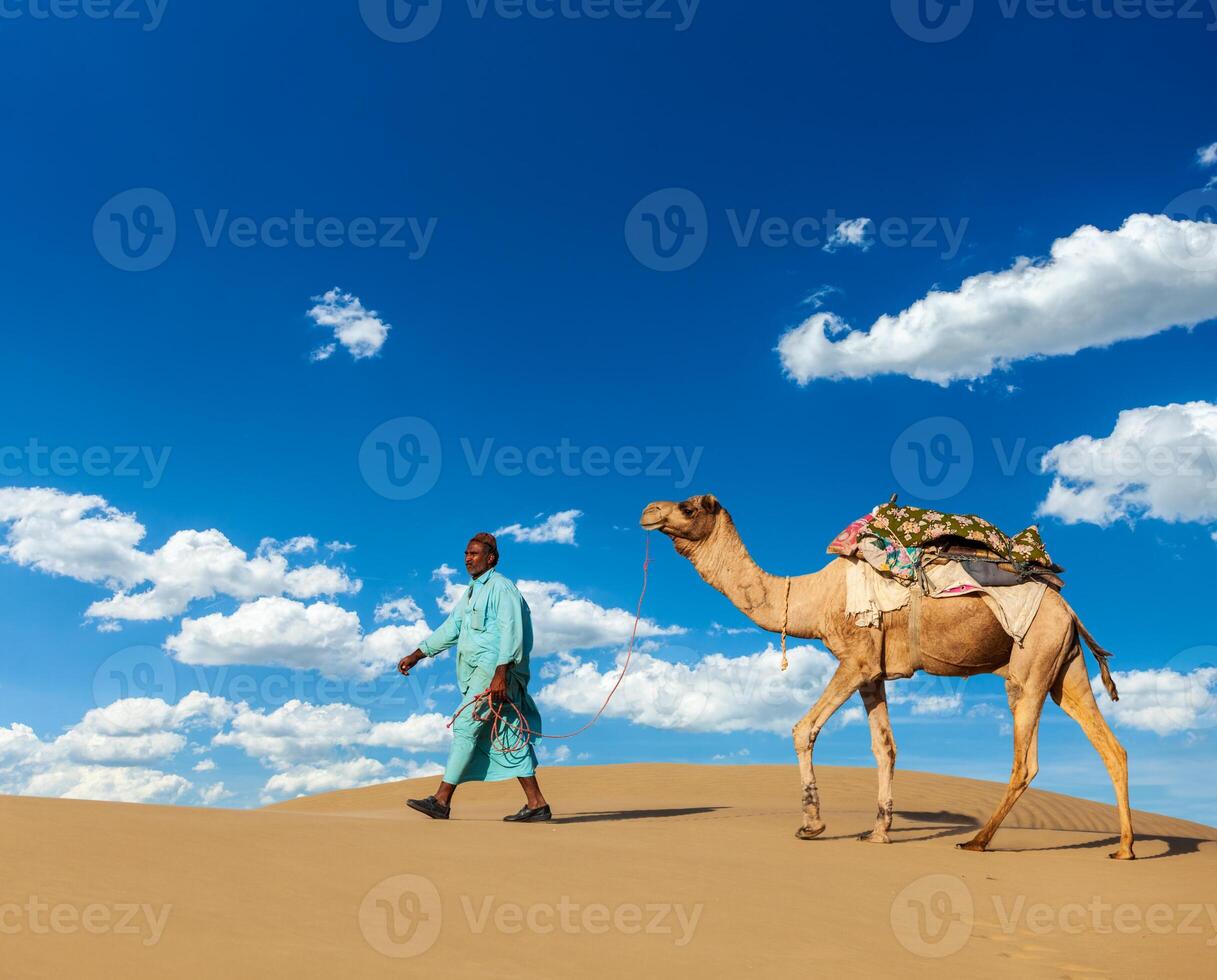 Cameleer camel driver with camels in Rajasthan, India photo