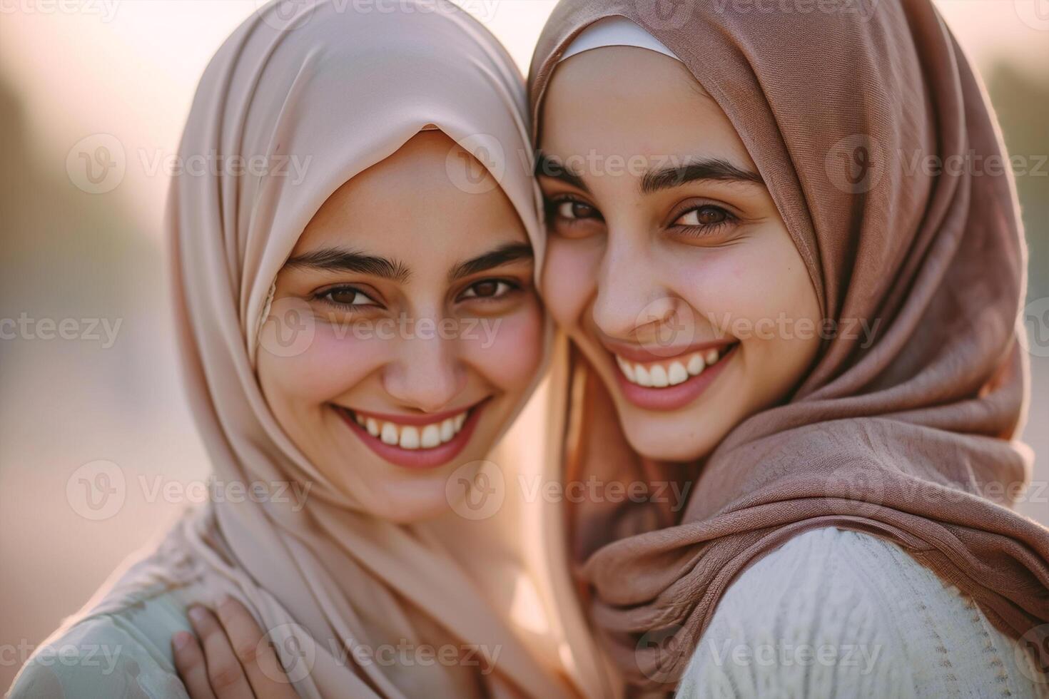 AI generated Muslim women smile and embrace each other photo