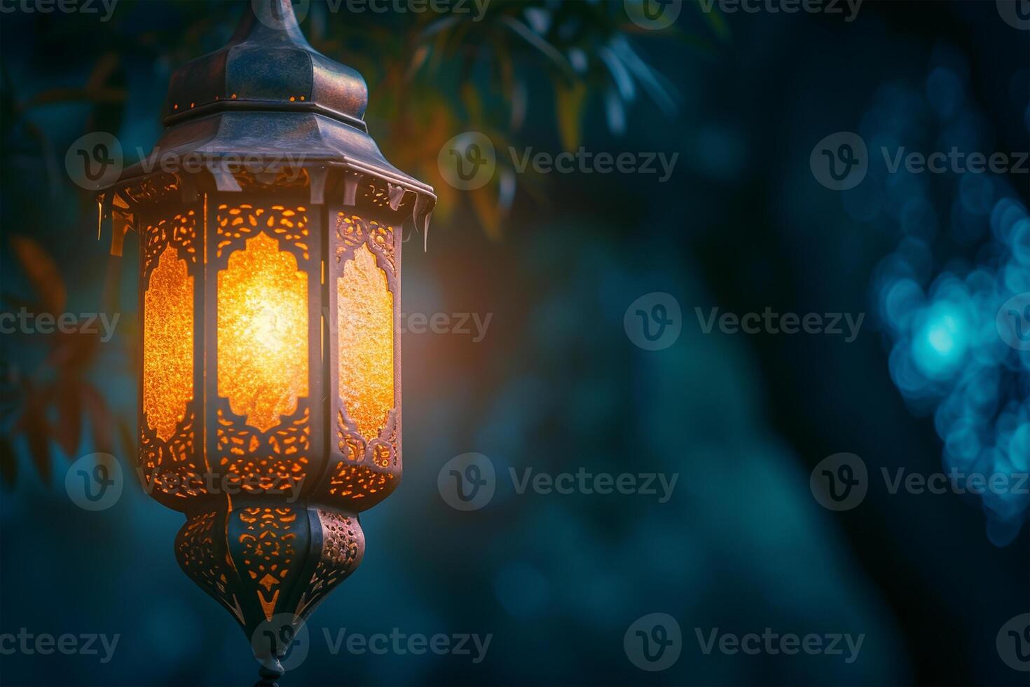 AI generated Ramadan lantern wide banner background photo