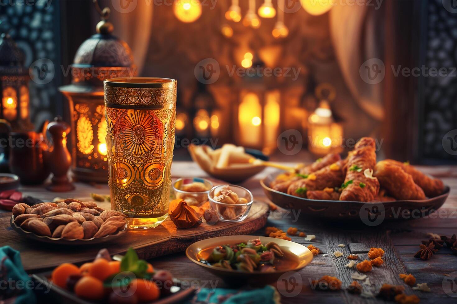 AI generated Ramadan food and drinks concept. Ramadan tea and dates fruits on dark background photo