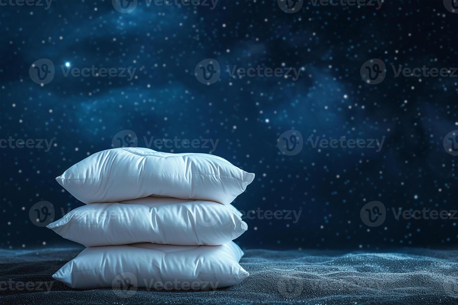 AI generated Pyramid stack of soft Pillow on star night background. Concept of good healthy sleep, sweet dreams and hypnotic pills photo