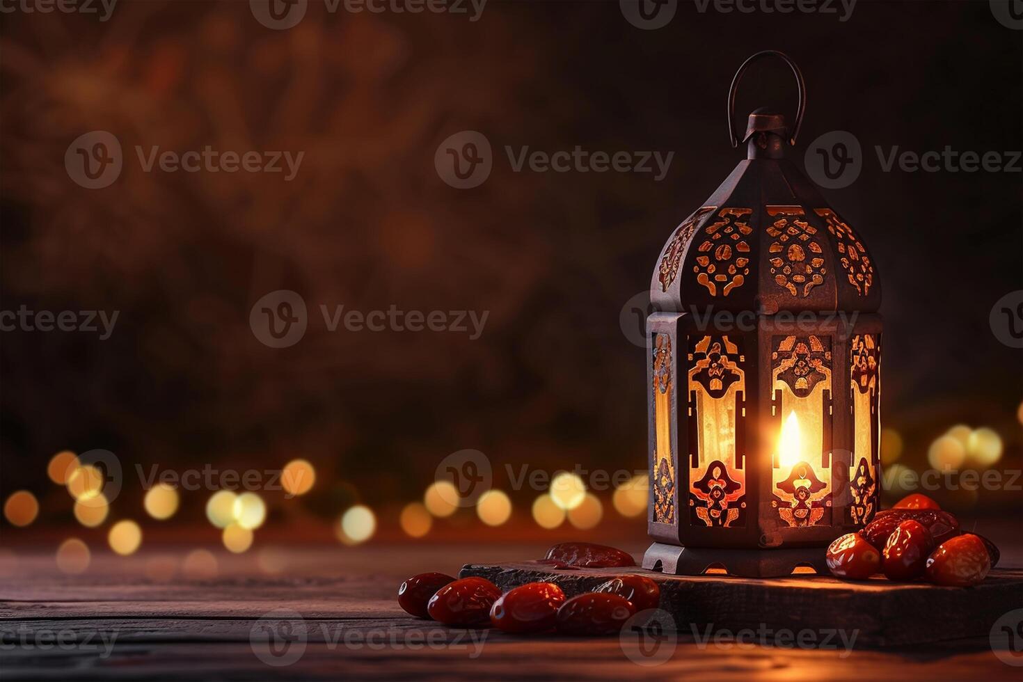 AI generated Lightened lantern and dates fruit on wooden table over dark background photo