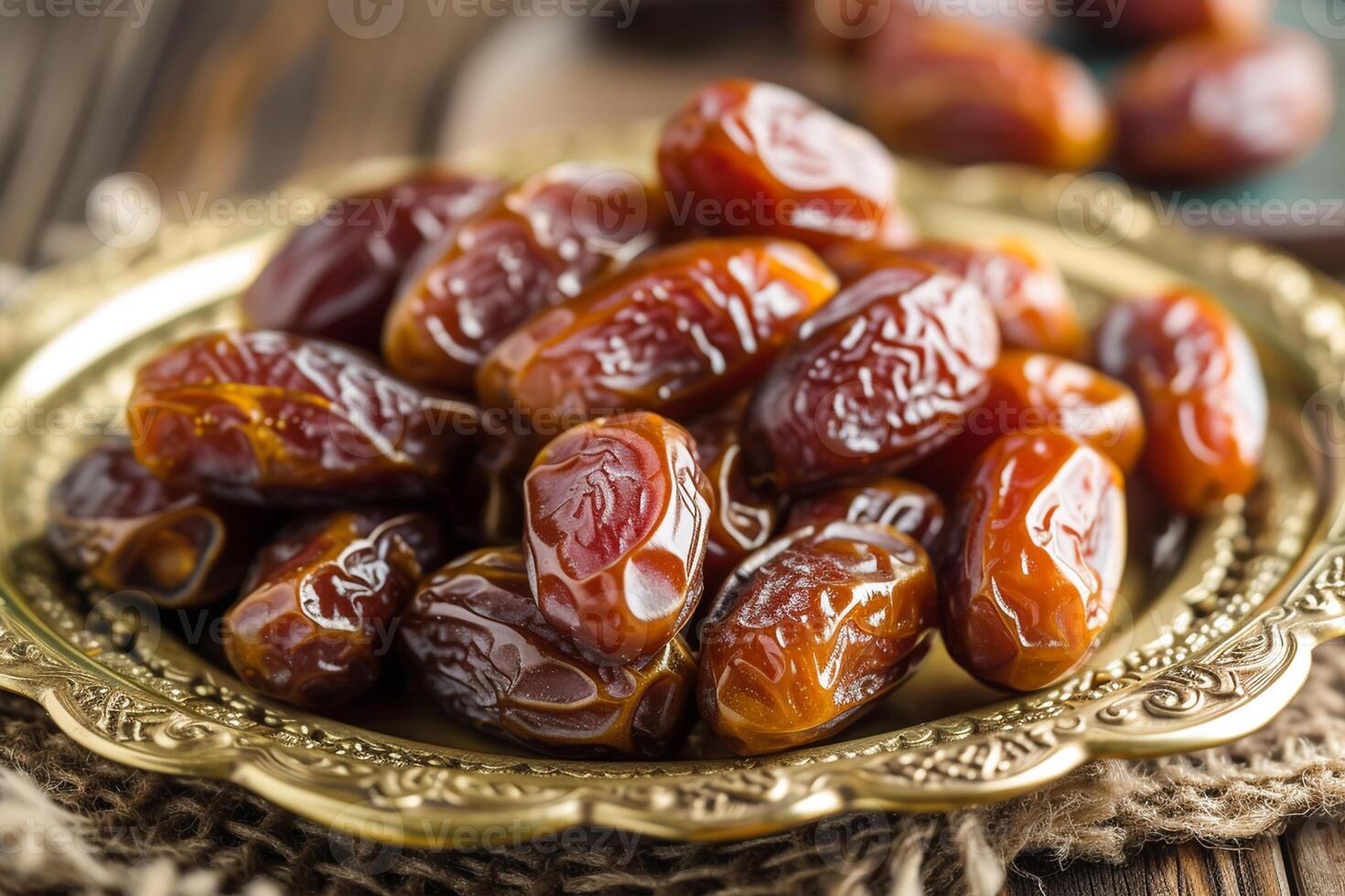 AI generated Organic dried dates on a bronze plate photo