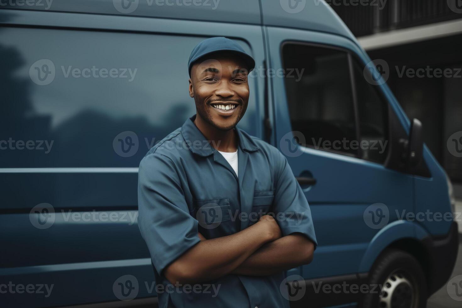 AI Generated Smiling delivery man in blue uniform standing in front of a blue van. photo