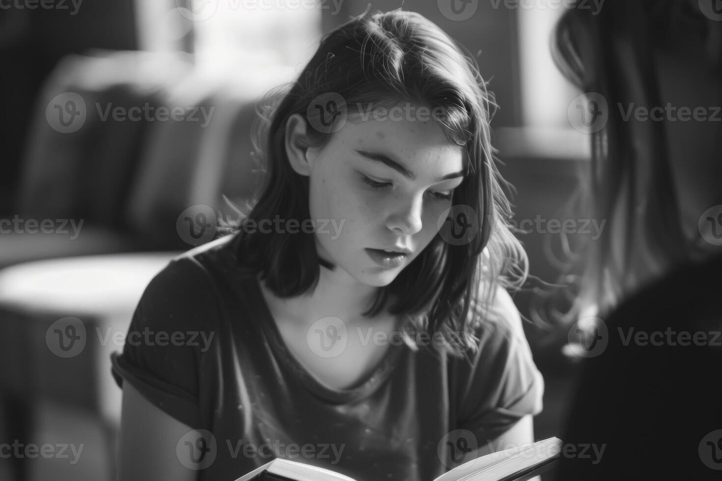 AI Generated Pensive Young Reader in Monochrome photo