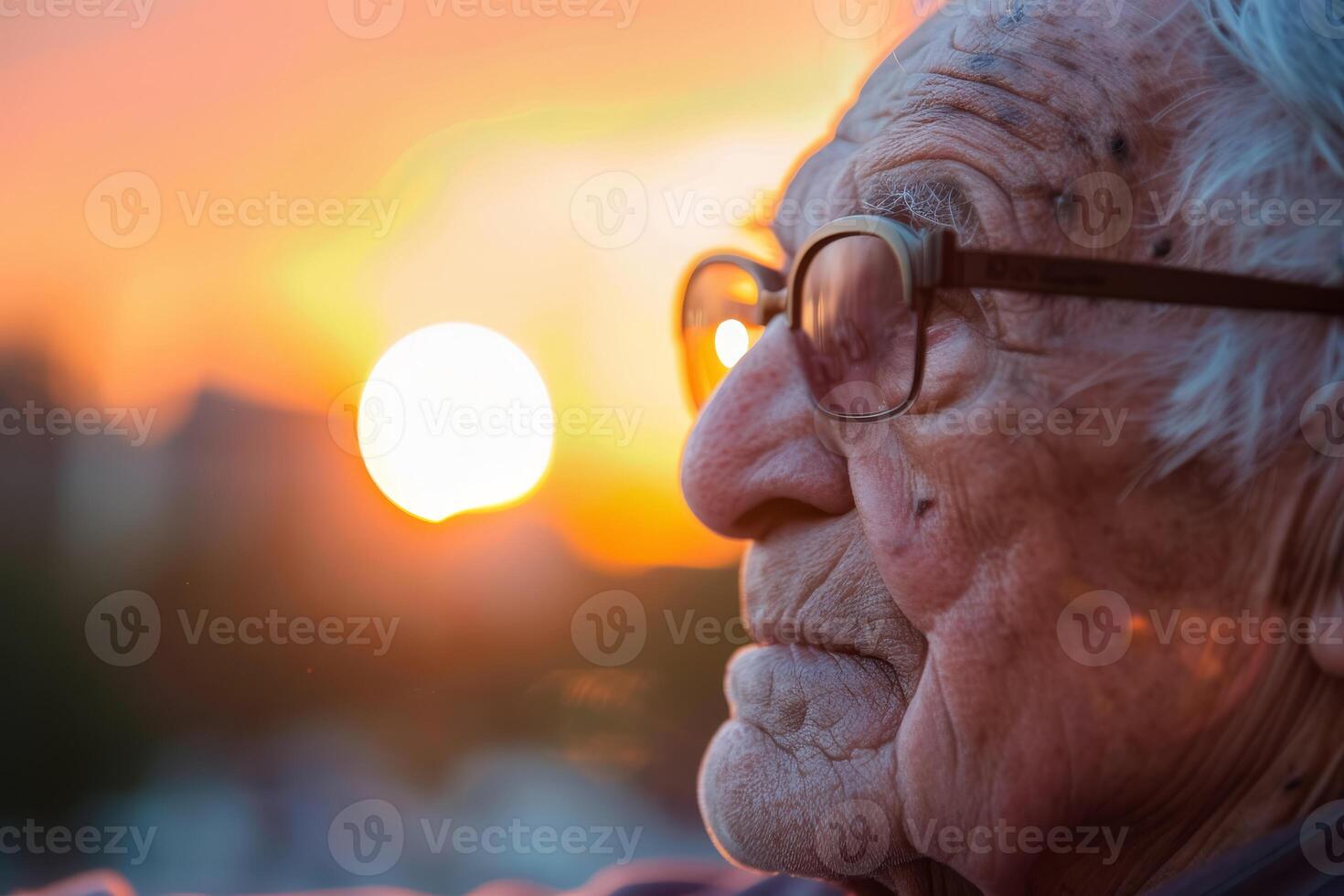 AI Generated Elderly Woman Embracing Sunrise photo