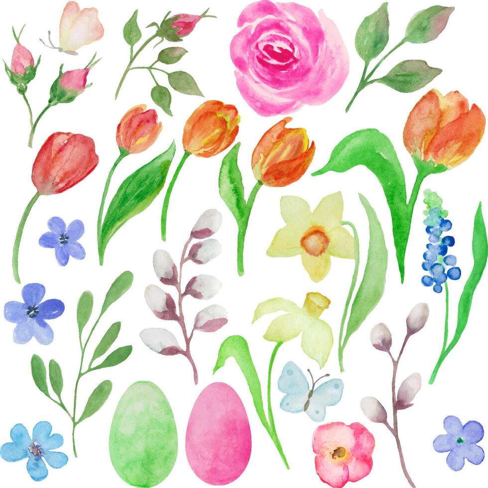 Easter watercolor floral set. Hand drawn cute illustration. Vector EPS.