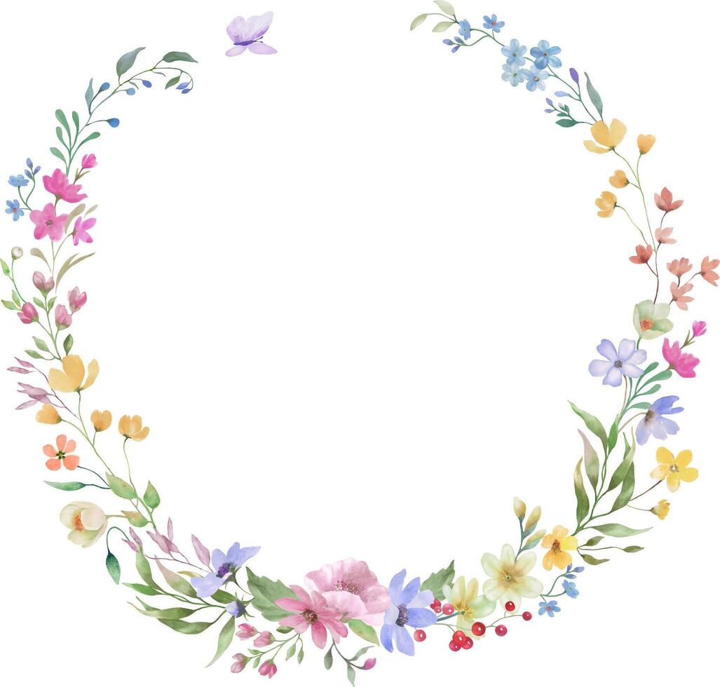 Watercolor floral wreath with wildflowers. Hand drawn illustration isolated on transparent background. Vector EPS.