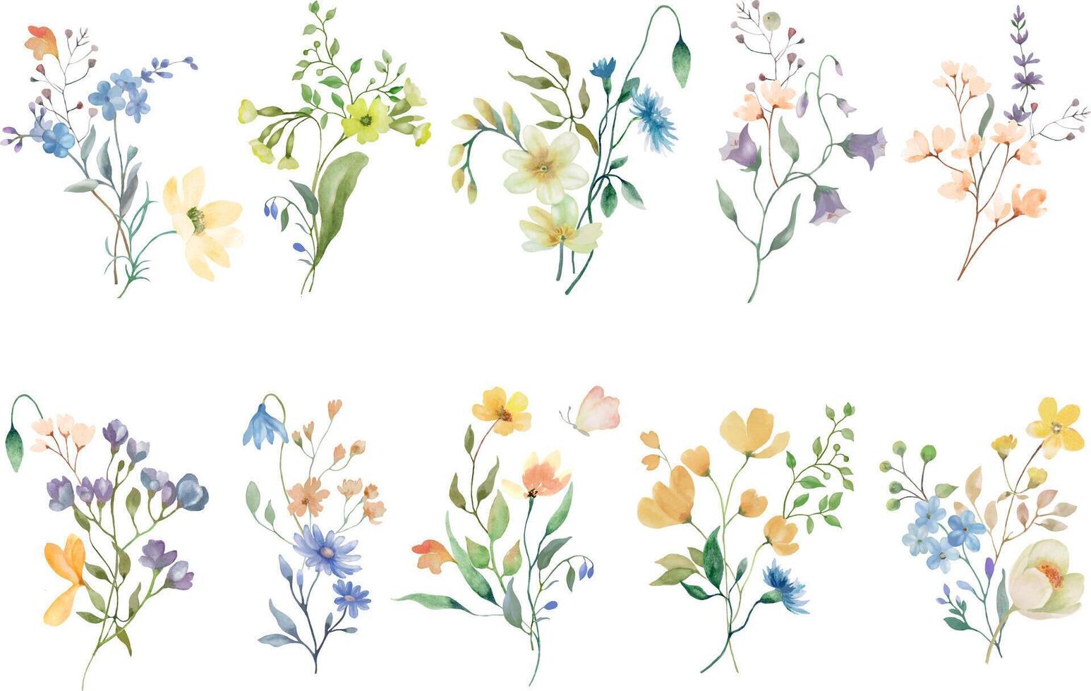 Watercolor floral set. Hand drawn illustration isolated on transparent background. Vector EPS.