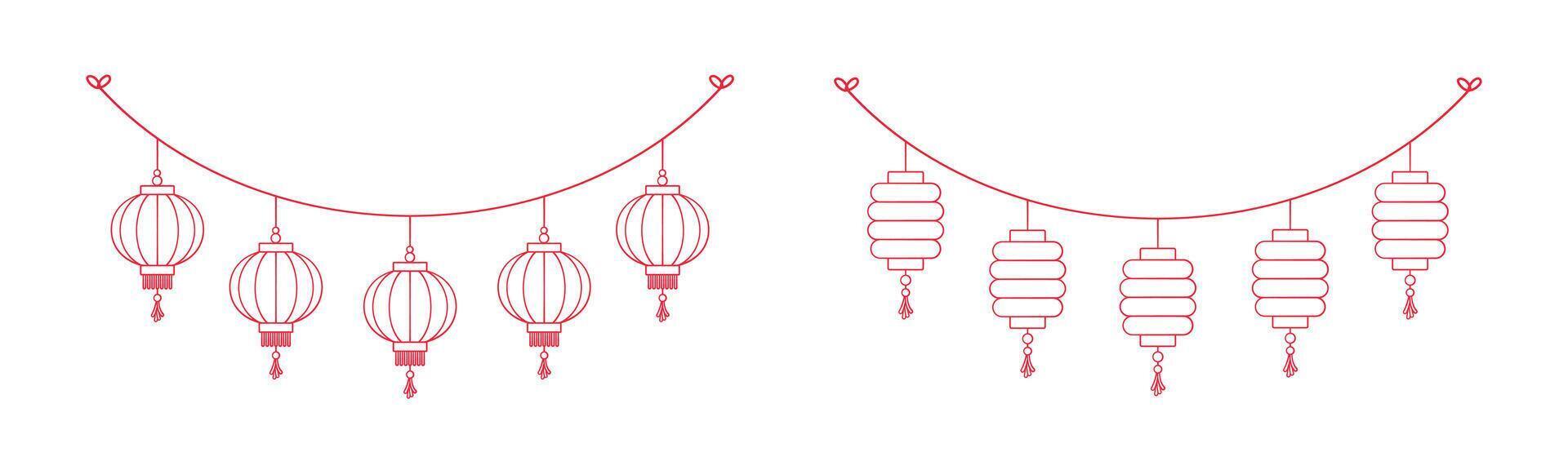 Chinese Lantern Hanging Garland Outline Doodle Set, Chinese New Year, Lunar New Year and Mid-Autumn Festival Decoration Graphic vector