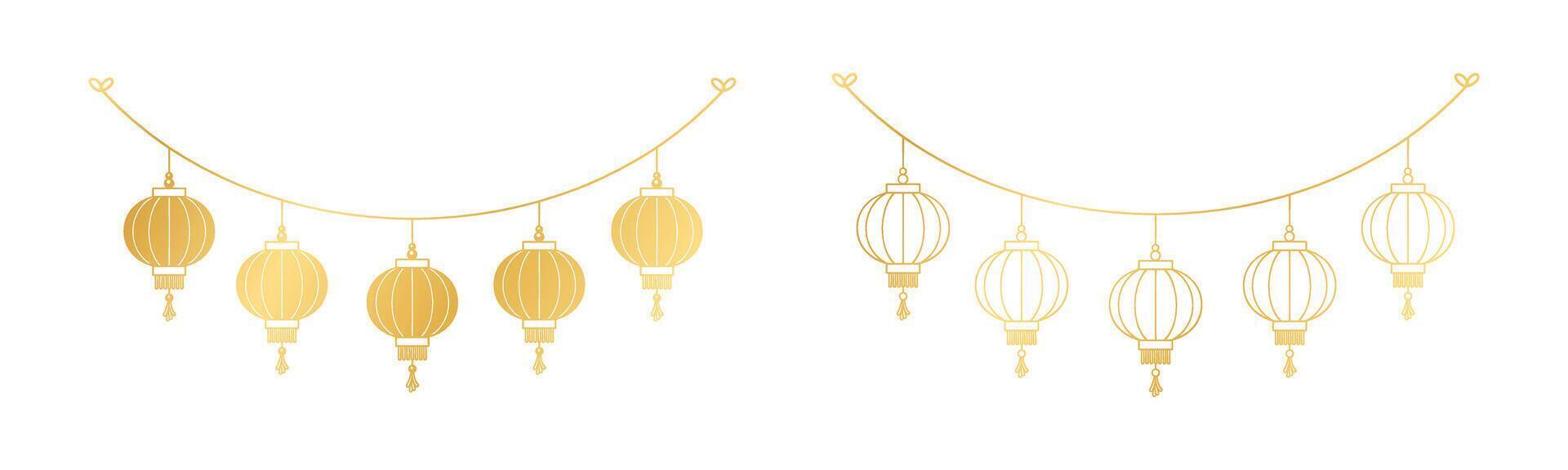 Gold Chinese Lantern Hanging Garland Set, Lunar New Year and Mid-Autumn Festival Decoration Graphic vector