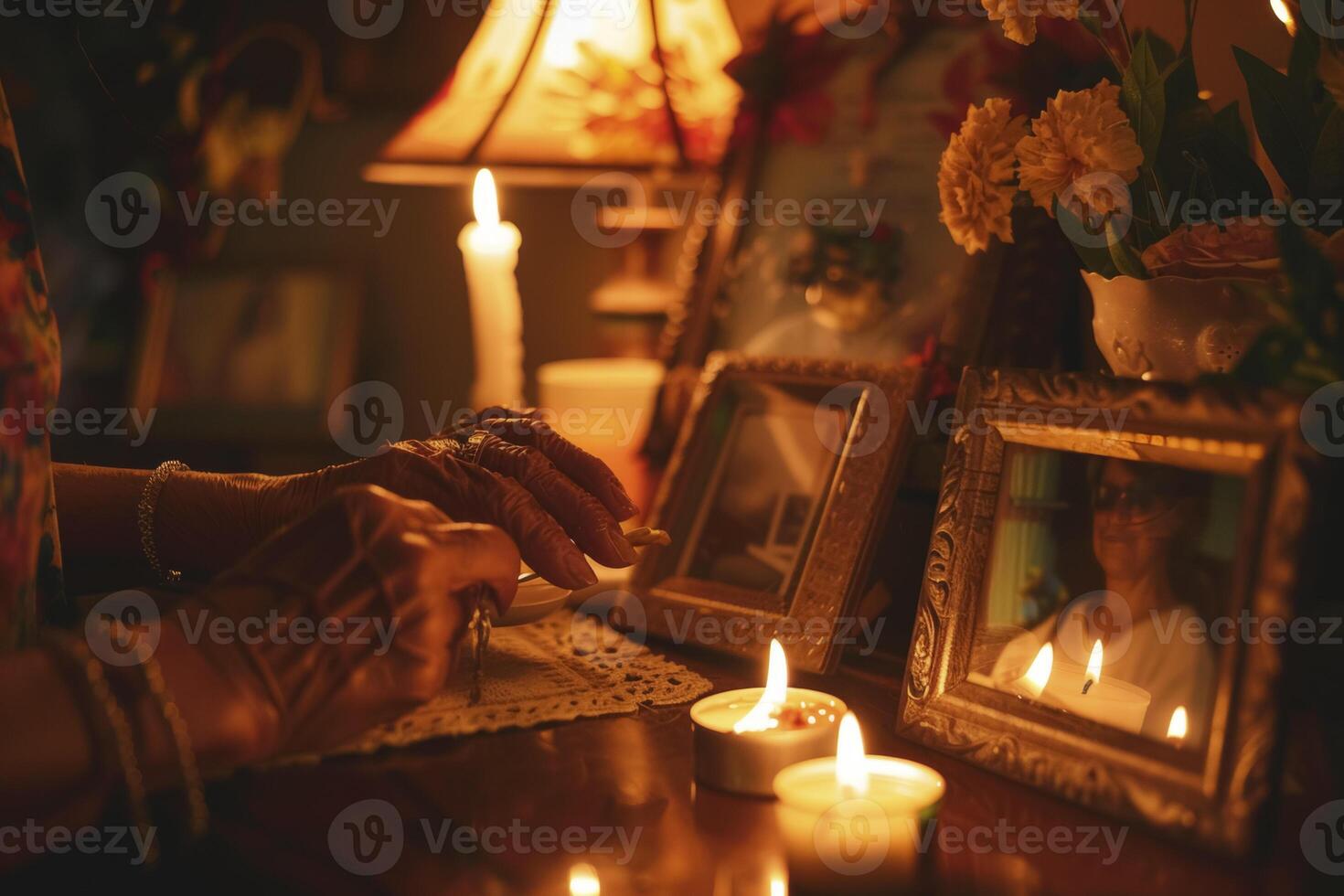 AI Generated Intimate Memorial Candle Lighting photo