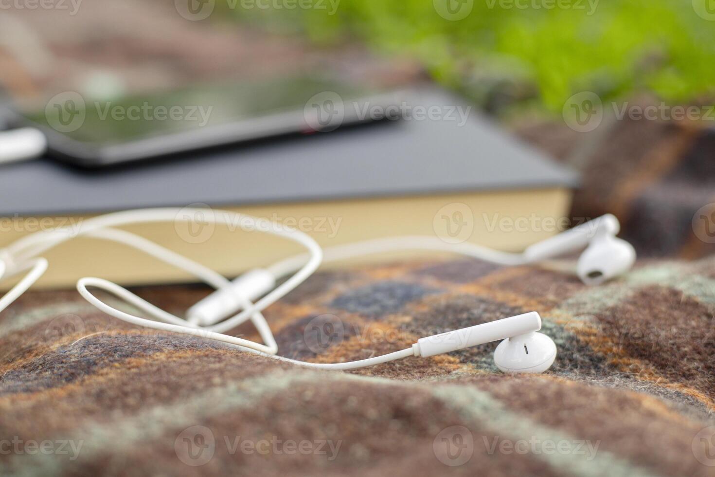 Tablet and Earphones on Outdoor Blanket photo