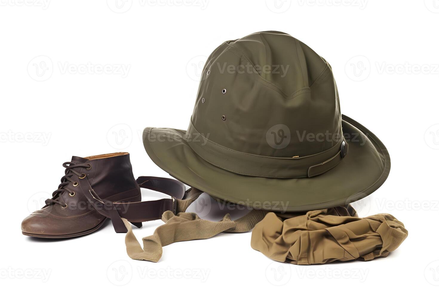 AI generated Travel set isolated on white background. Hat, backpack and boots. Neural network AI generated photo