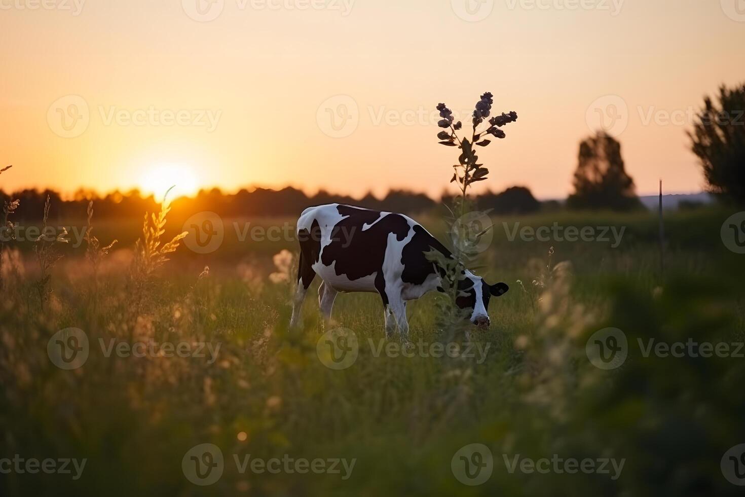 AI generated Cows in field sunset in the evening. Neural network AI generated photo