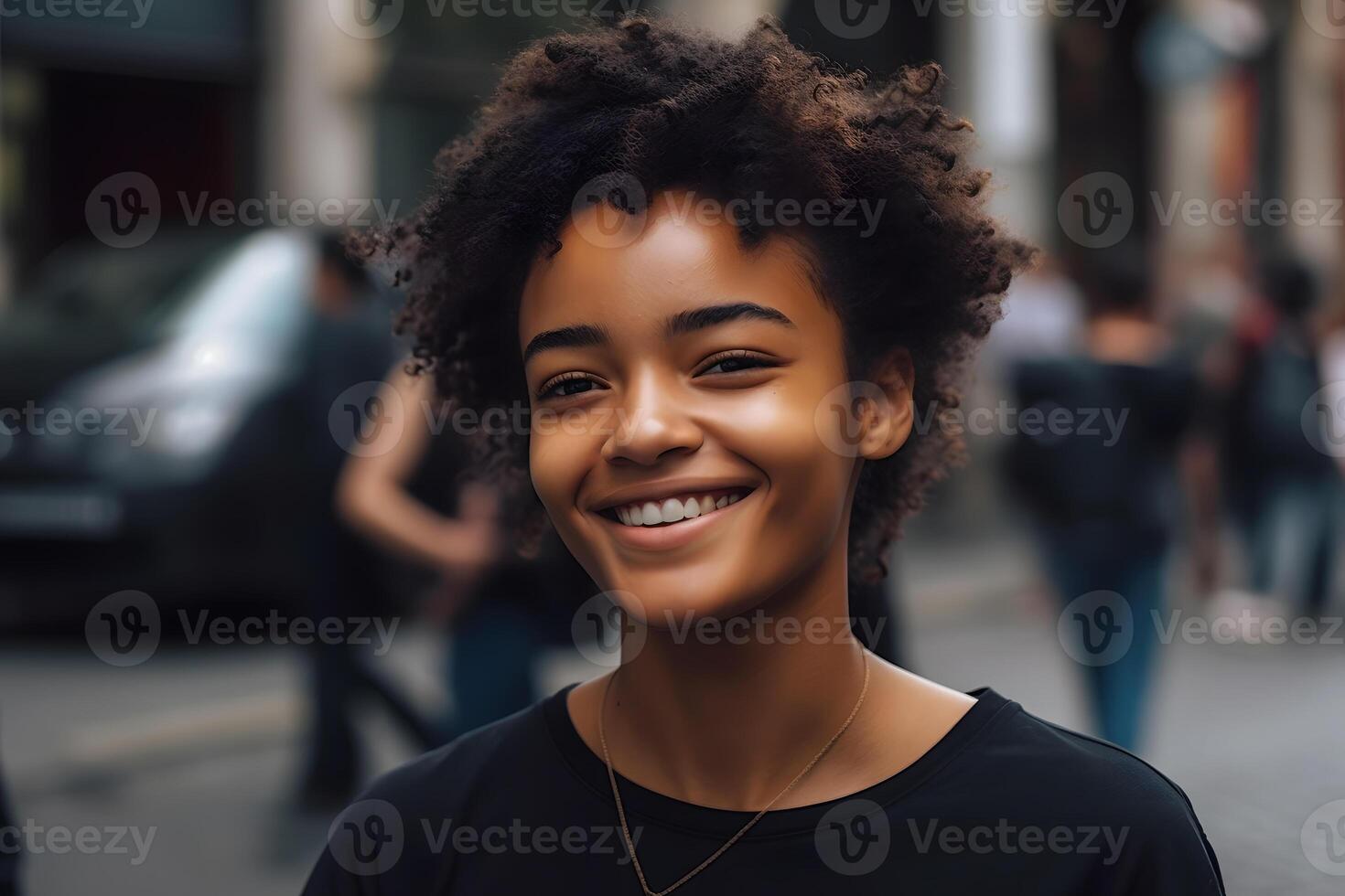 AI generated Beautiful young woman smiling portrait on dark background. Neural network AI generated photo