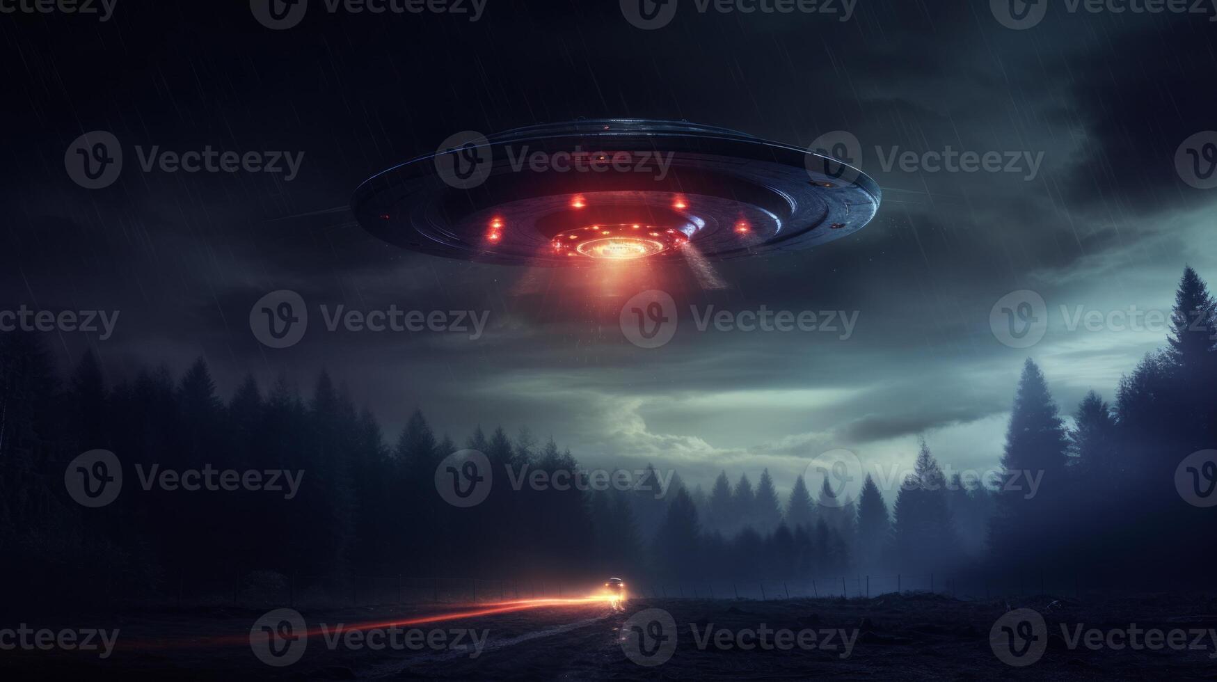 AI generated UFO, an alien plate hovering over the field, hovering motionless in the air. Neural network AI generated photo