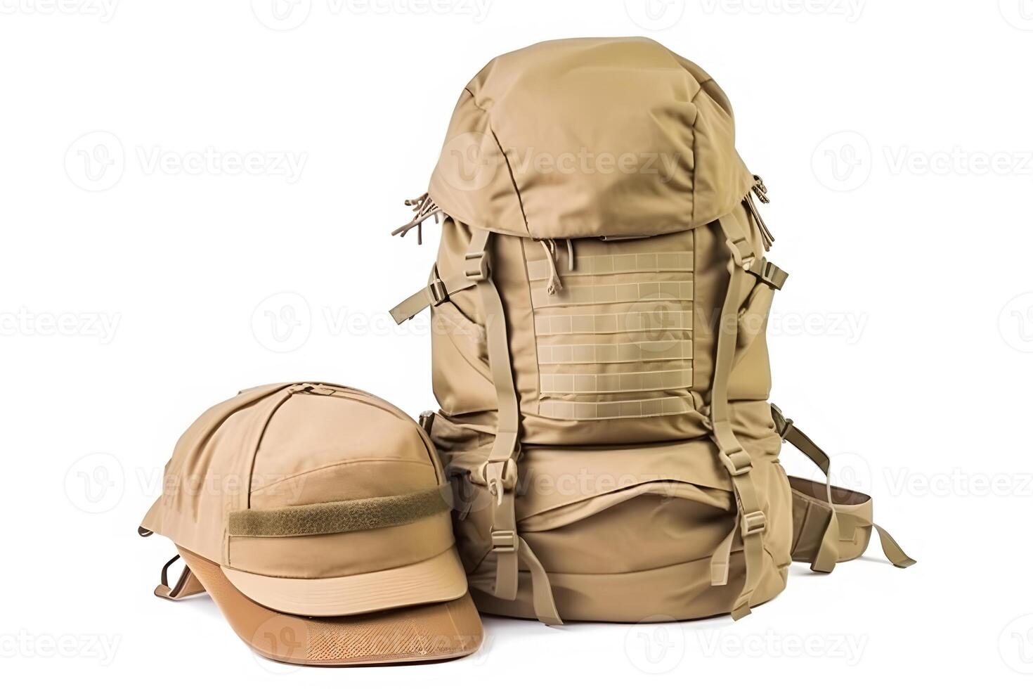 AI generated Travel set isolated on white background. Hat, backpack and boots. Neural network AI generated photo