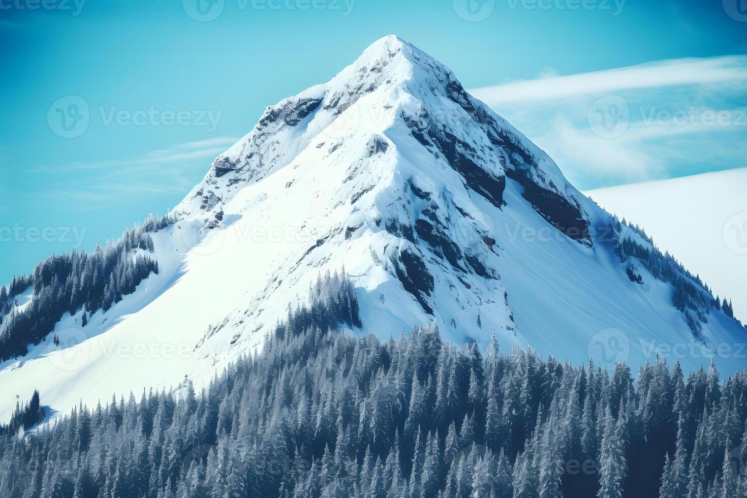 AI generated Panorama of Snow Mountain Range Landscape with Blue Sky. Neural network AI generated photo