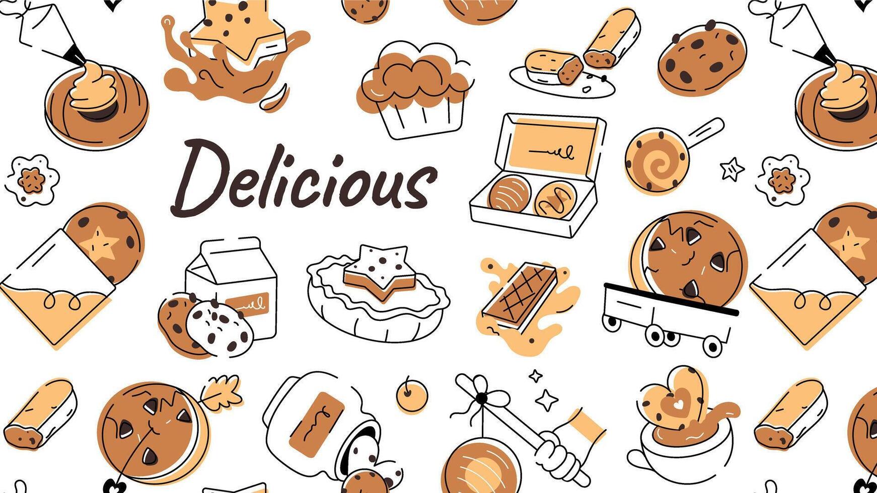 Doodle style cookie pattern depicting various types of bakery food and confectionery items vector