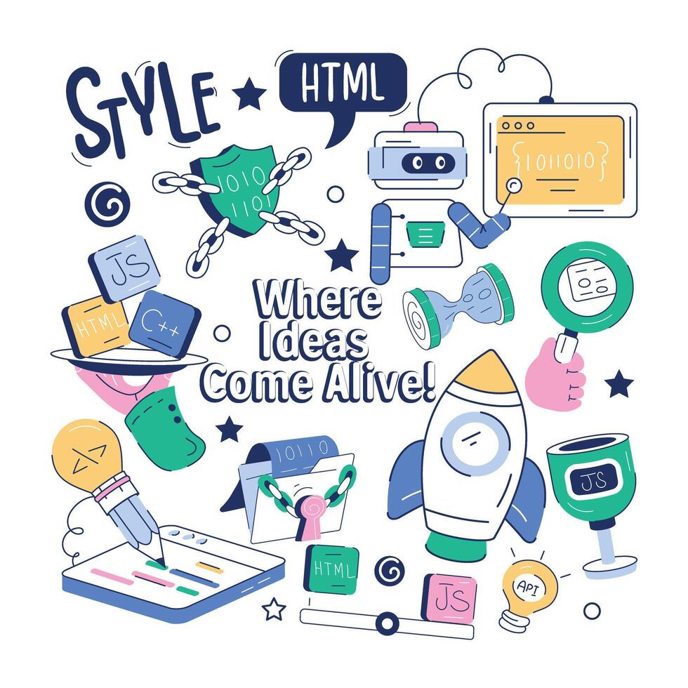A hand drawn seamless pattern with web development concepts vector