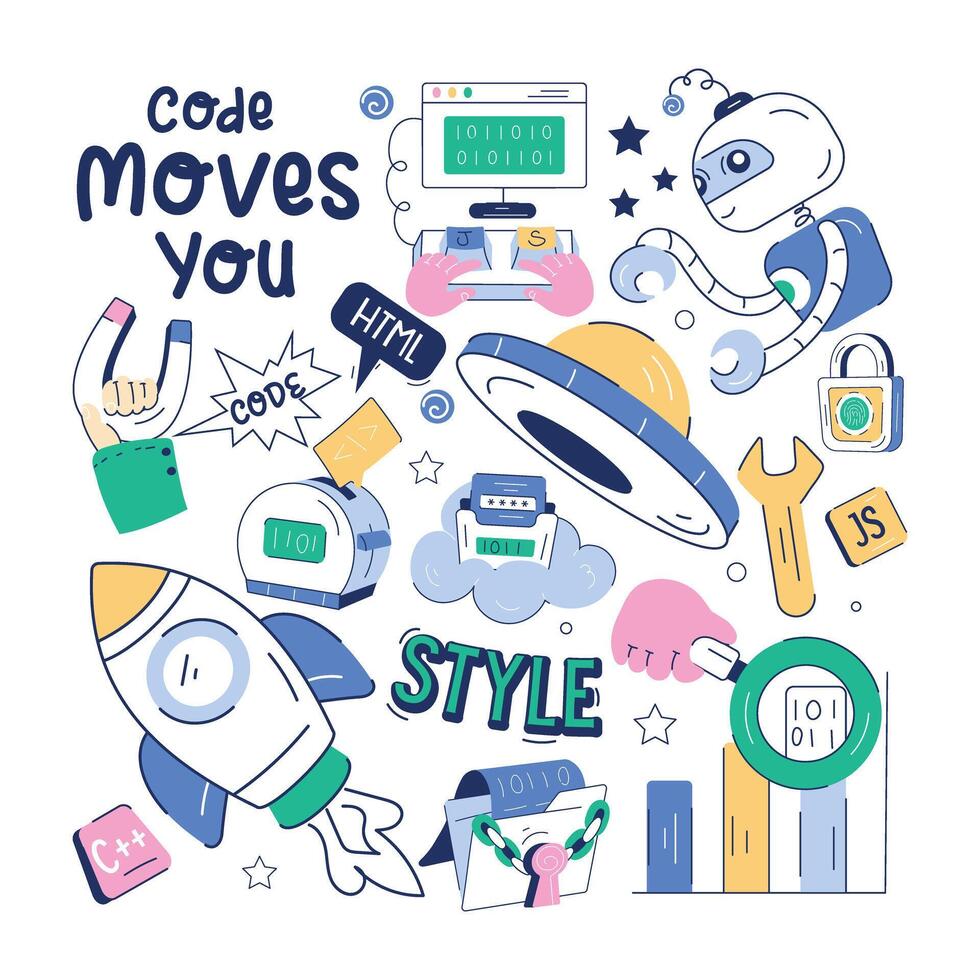 Programming mural in doodle style designed with various development elements vector