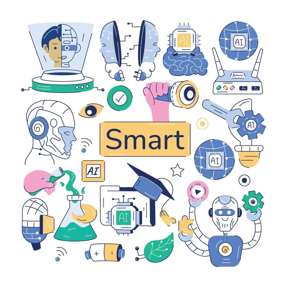 A doodle style ai background depicting deep learning, neural networks, and other futuristic elements vector