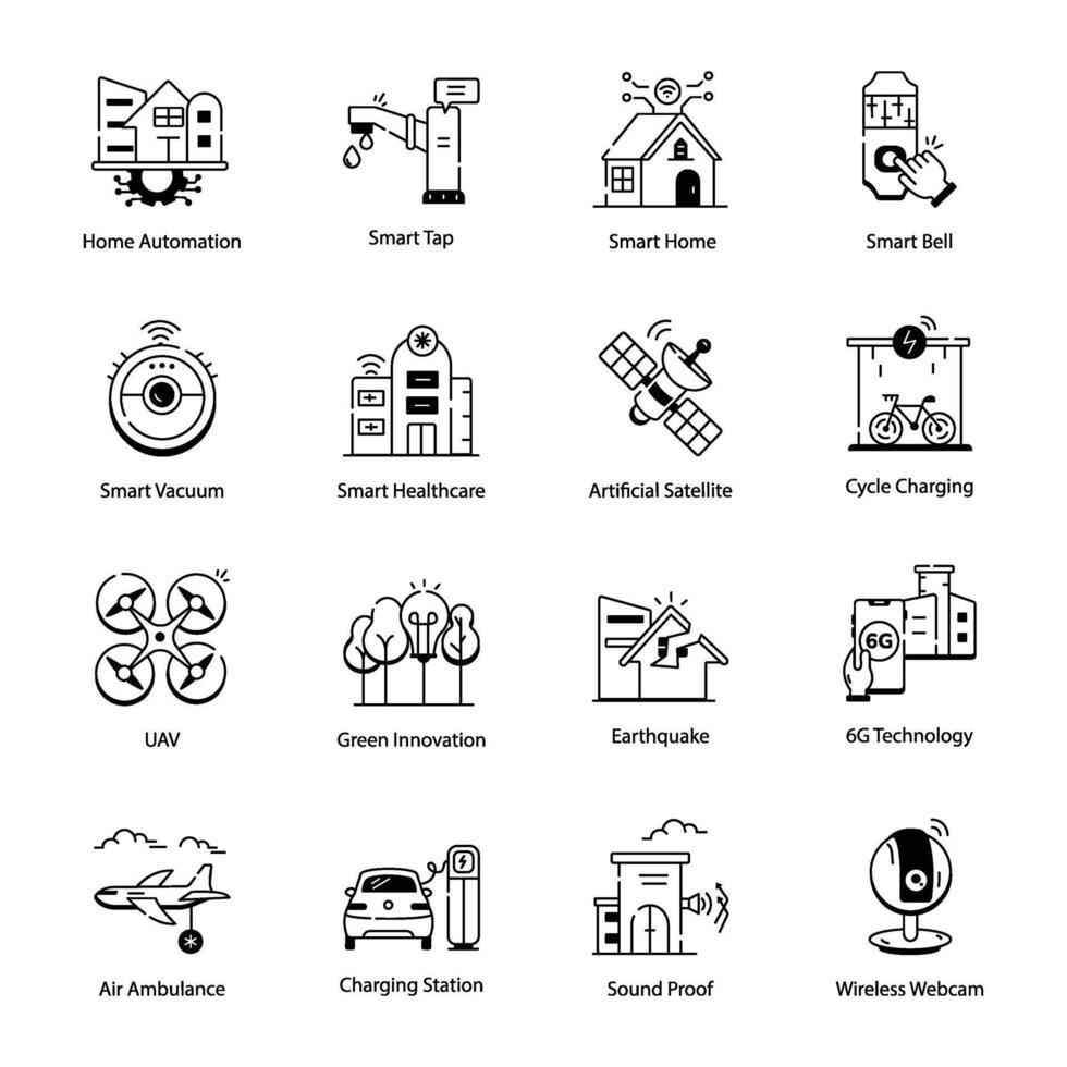 Linear Icons Depicting Smart Gadgets and Buildings vector