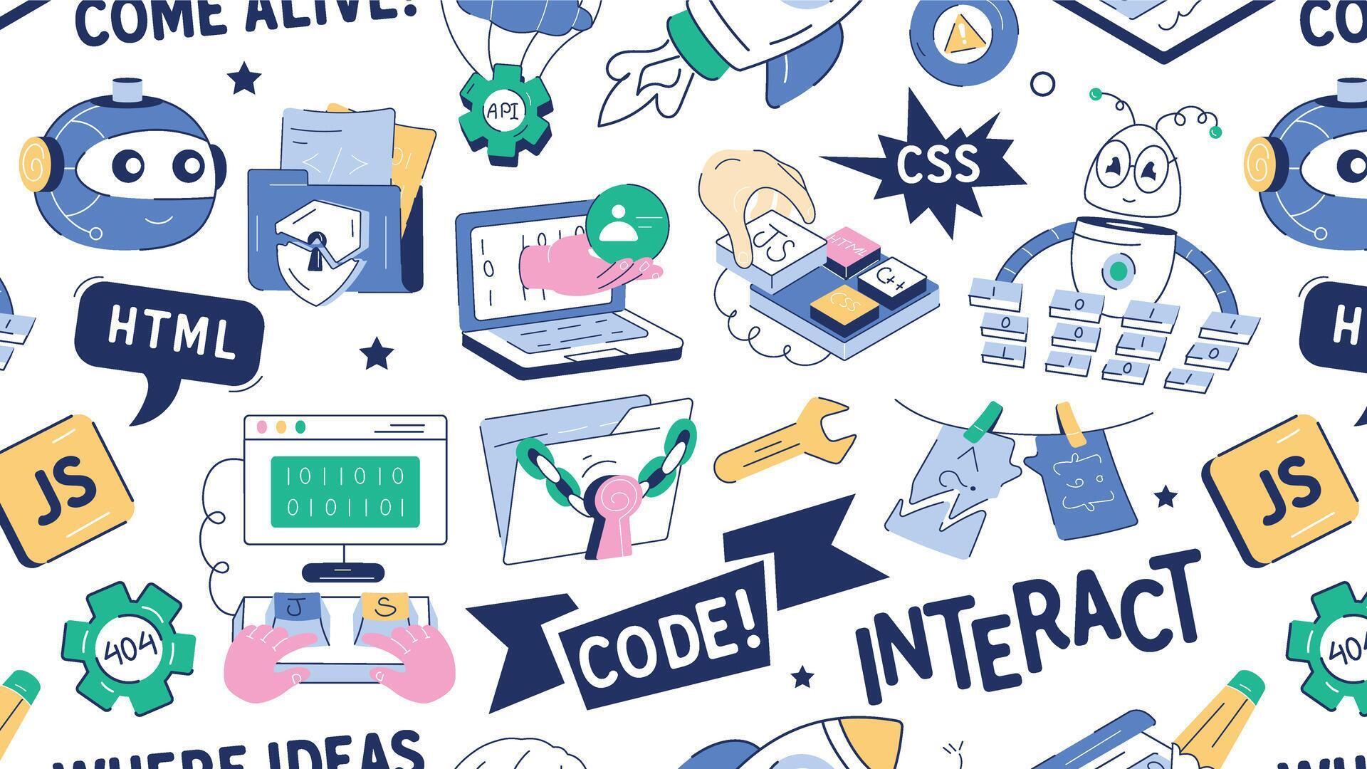 Hand drawn vector showing concepts of programming services, code errors ...