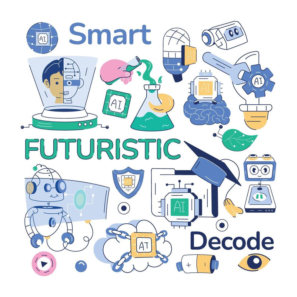 A doodle style ai background depicting deep learning, neural networks, and other futuristic elements vector