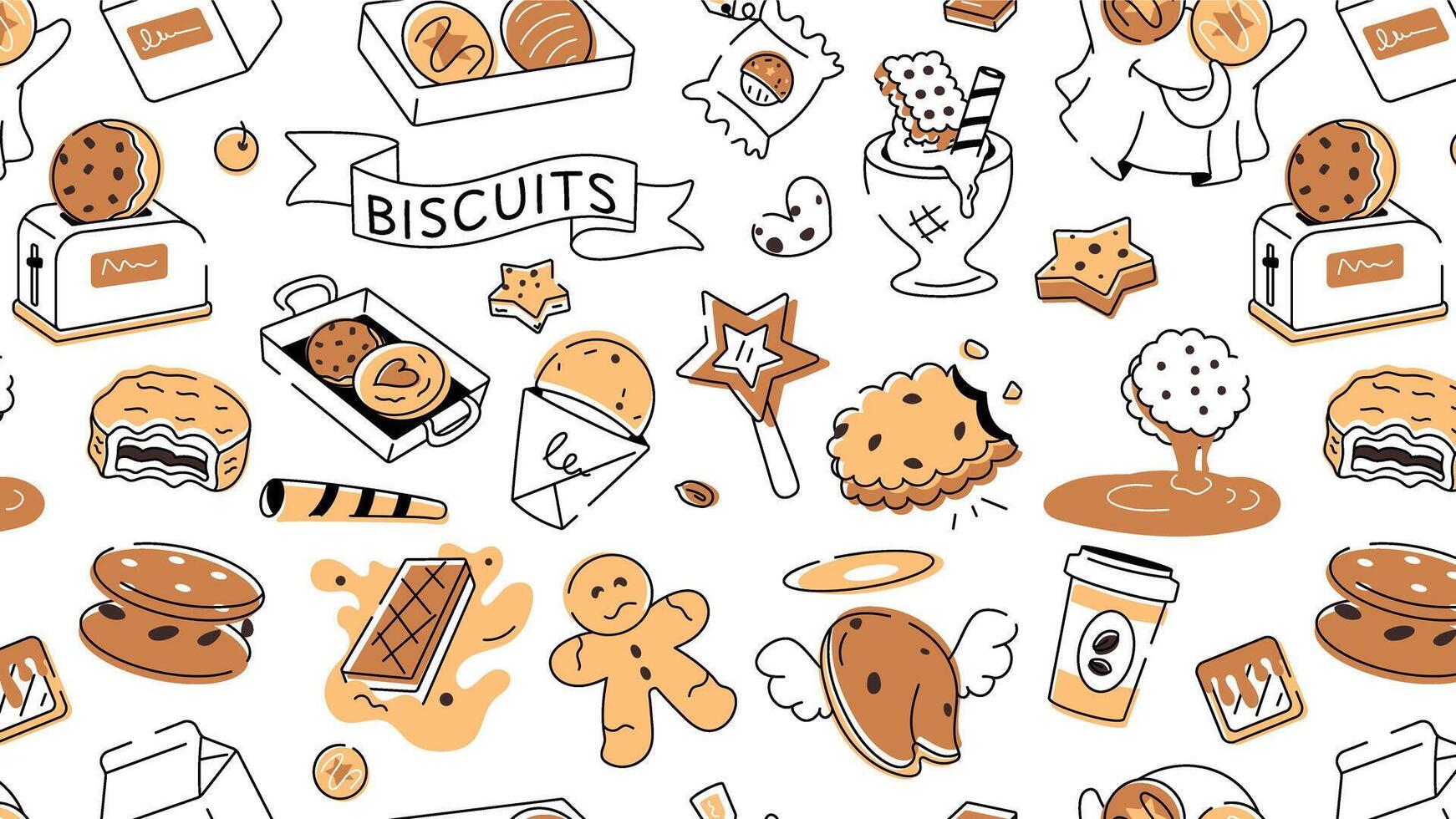 Doodle style cookie pattern depicting various types of bakery food and confectionery items vector