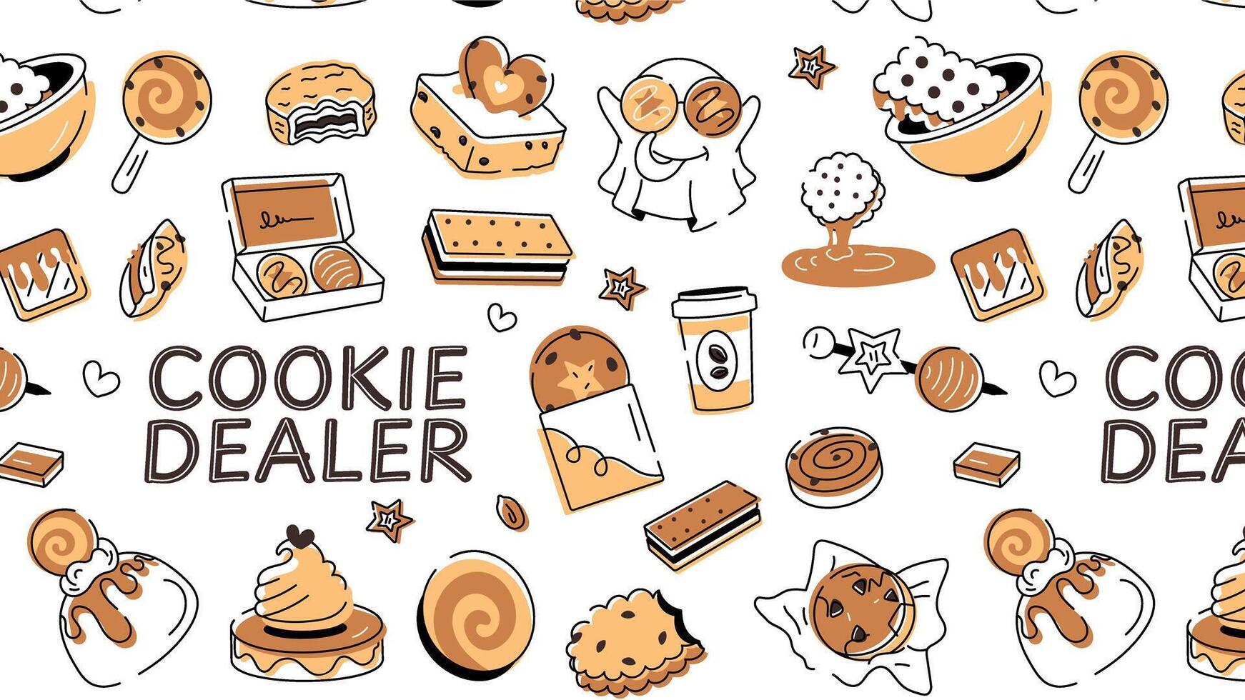 Doodle style cookie pattern depicting various types of bakery food and confectionery items vector