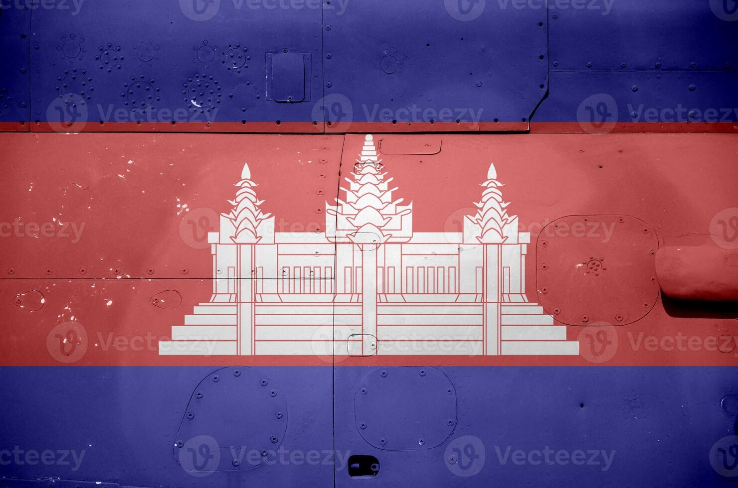 Cambodia flag depicted on side part of military armored helicopter closeup. Army forces aircraft conceptual background photo