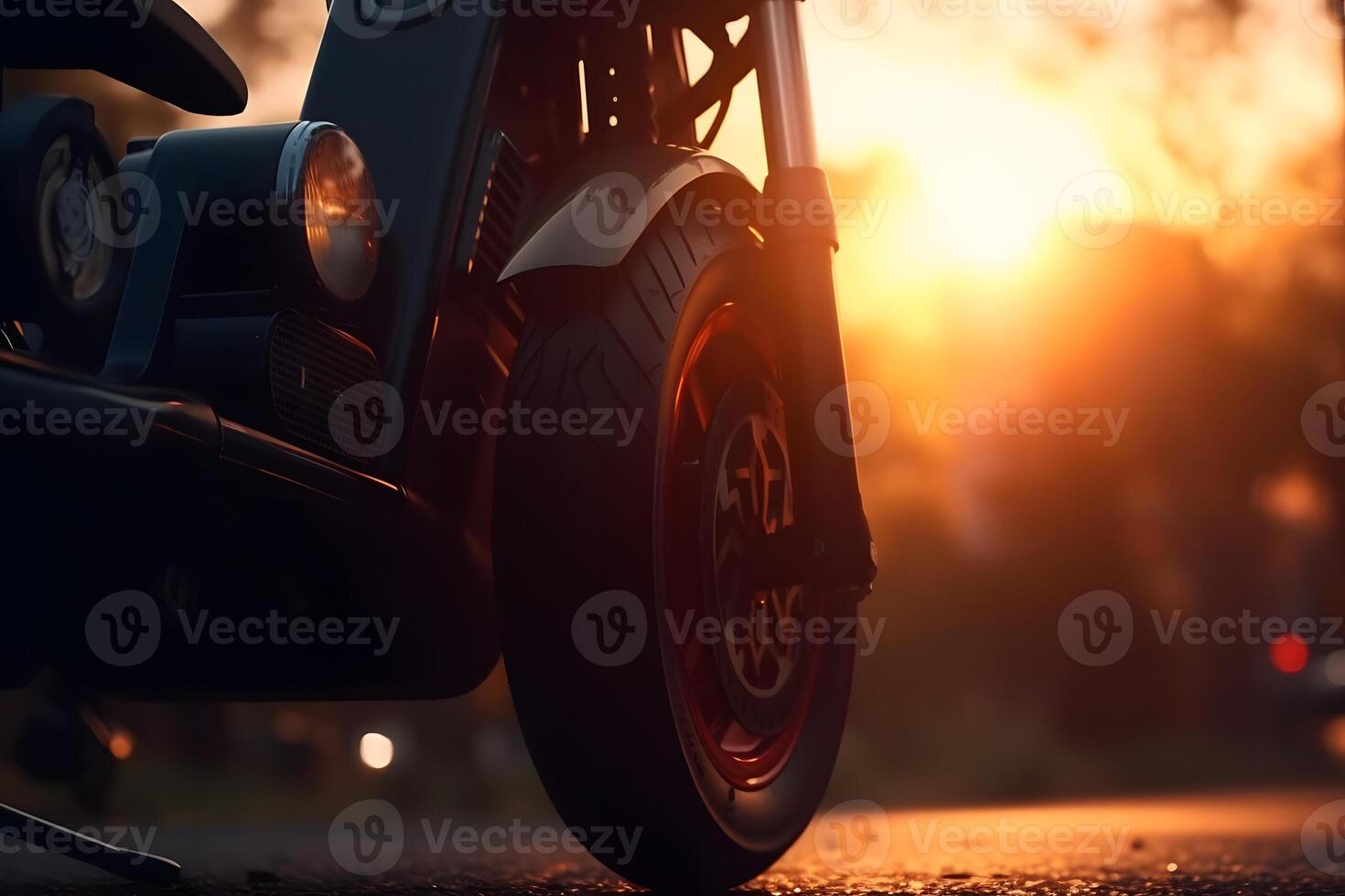 AI generated An electric moped on the sidewalk in the city, in the background is a street view with buildings by sunset. Neural network AI generated photo