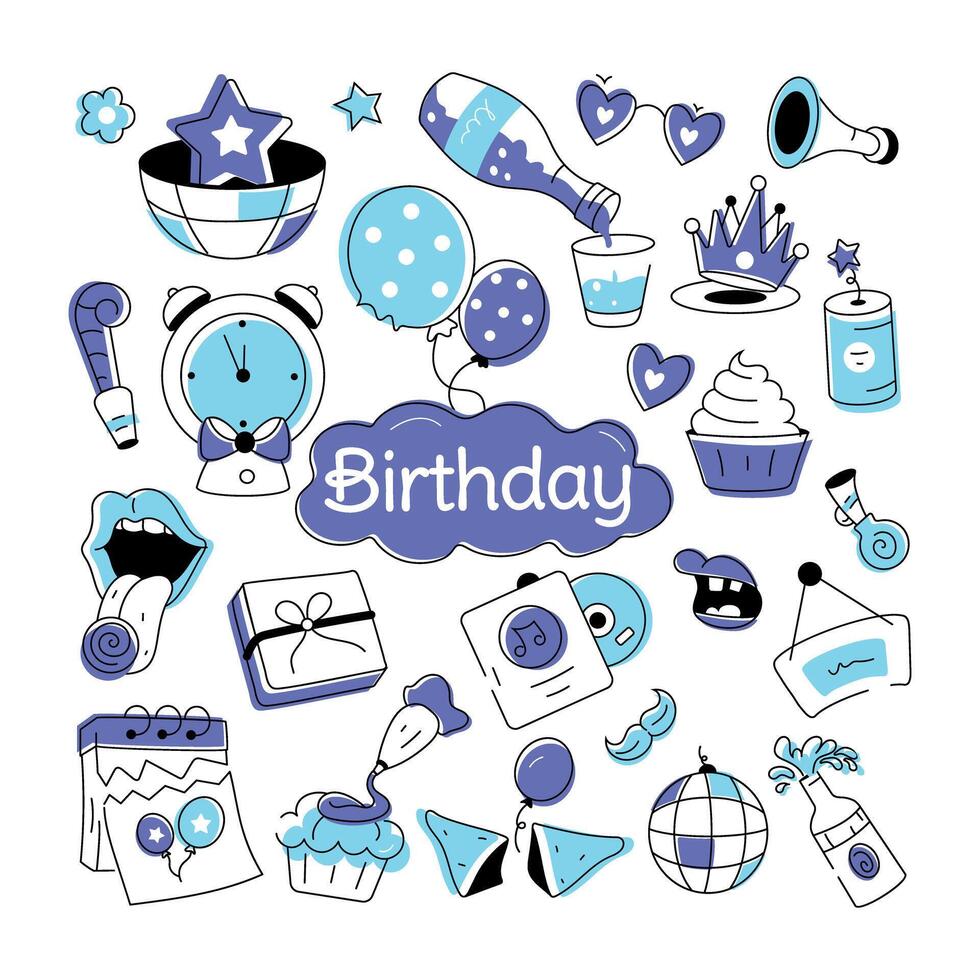 Birthday vector in doodle style with celebration elements, food items, and firecrackers