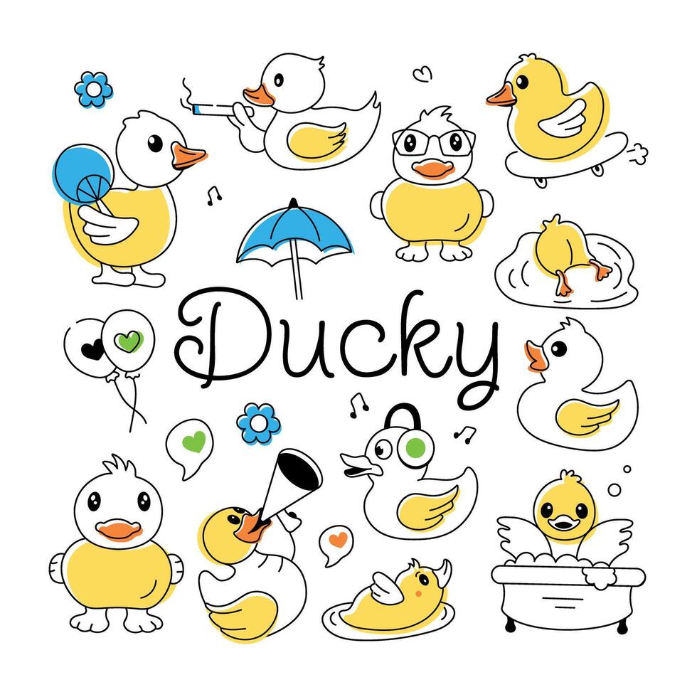 A doodle duck vector showcasing cute rubber ducks, shower toys, and baby chickens