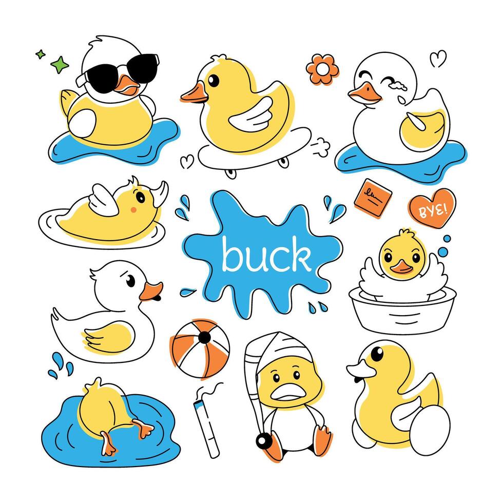 A doodle duck vector showcasing cute rubber ducks, shower toys, and baby chickens