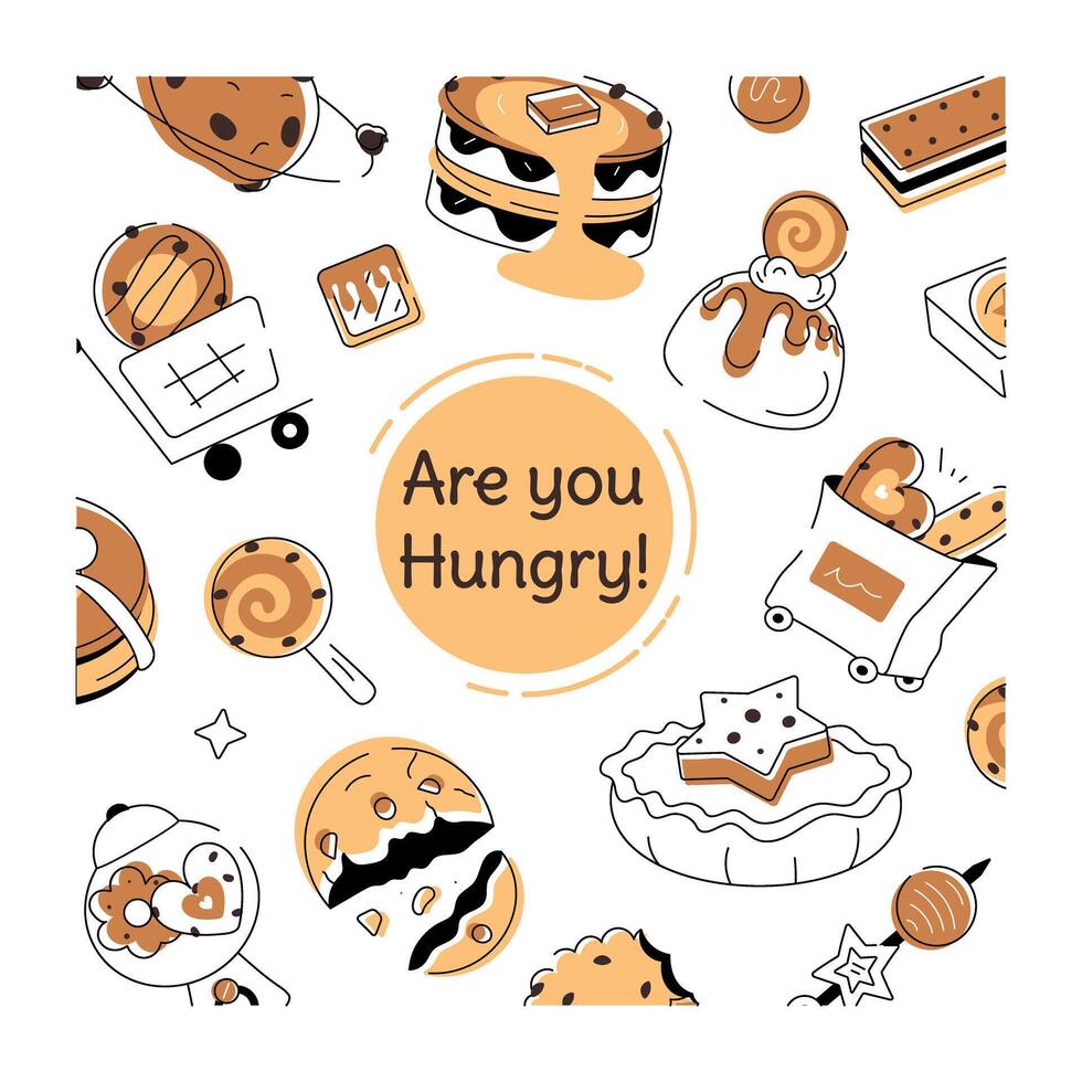 A doodle style cookie vector depicting various types of bakery food and confectionery items