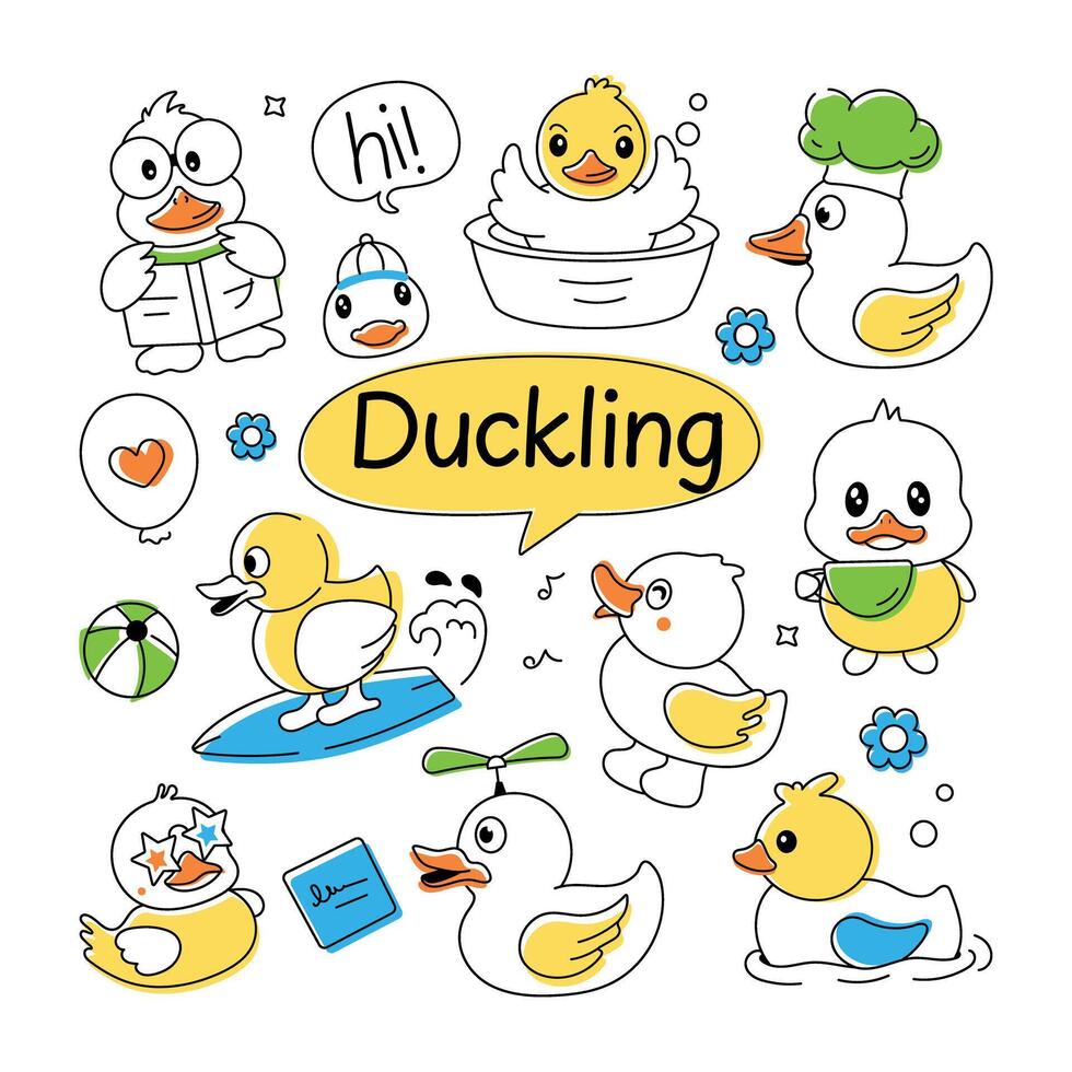 A doodle duck vector showcasing cute rubber ducks, shower toys, and baby chickens