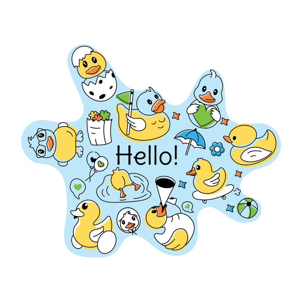 A doodle duck vector showcasing cute rubber ducks, shower toys, and baby chickens