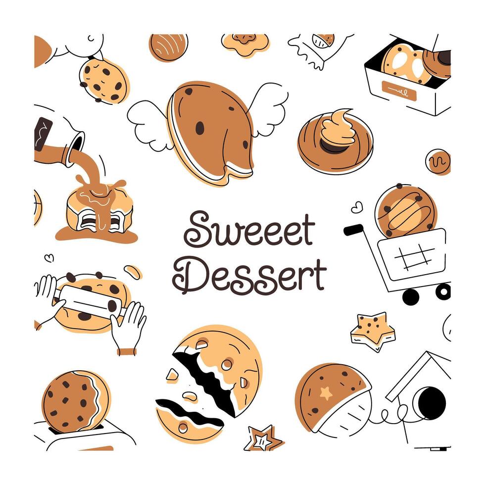 A doodle style cookie vector depicting various types of bakery food and confectionery items