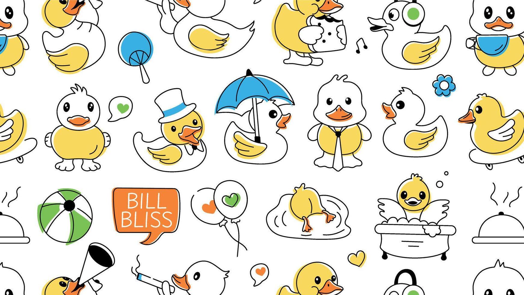 Seamless duck pattern showcasing cute rubber ducks, shower toys, and baby chickens vector