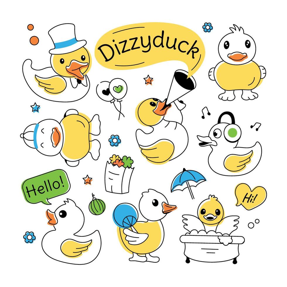 A doodle duck vector showcasing cute rubber ducks, shower toys, and baby chickens