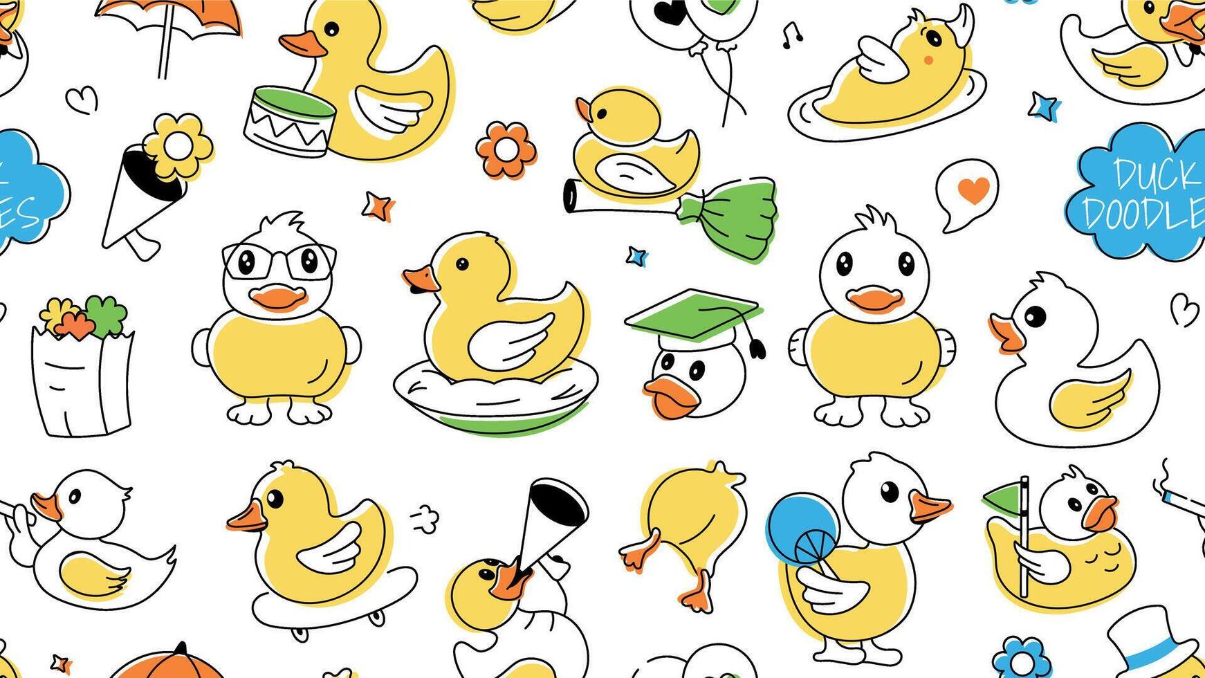 Seamless duck pattern showcasing cute rubber ducks, shower toys, and baby chickens vector
