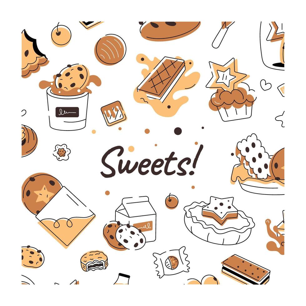 A doodle style cookie vector depicting various types of bakery food and confectionery items